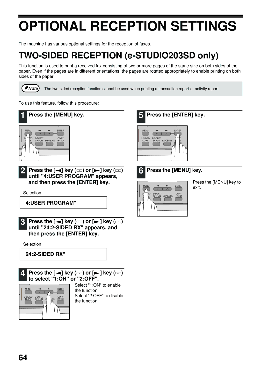 Toshiba GD-1300 manual Optional Reception Settings, Sided RX Press the key or key to select 1ON or 2OFF 