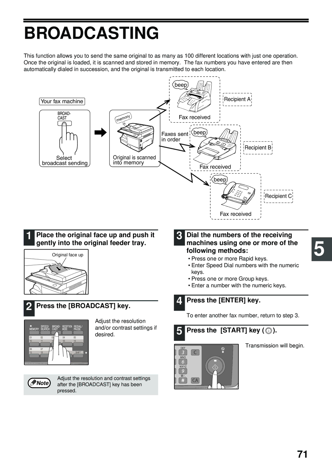 Toshiba GD-1300 manual Broadcasting, Press the Broadcast key 