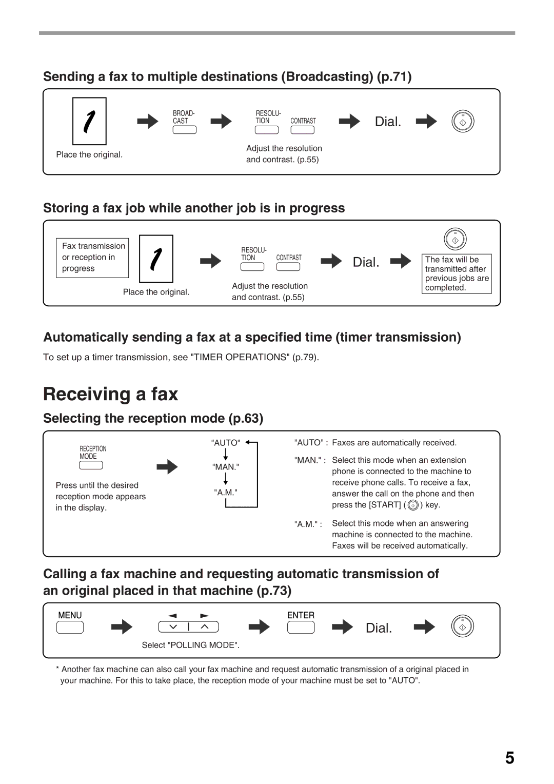 Toshiba GD-1300 manual Sending a fax to multiple destinations Broadcasting p.71, Selecting the reception mode p.63 