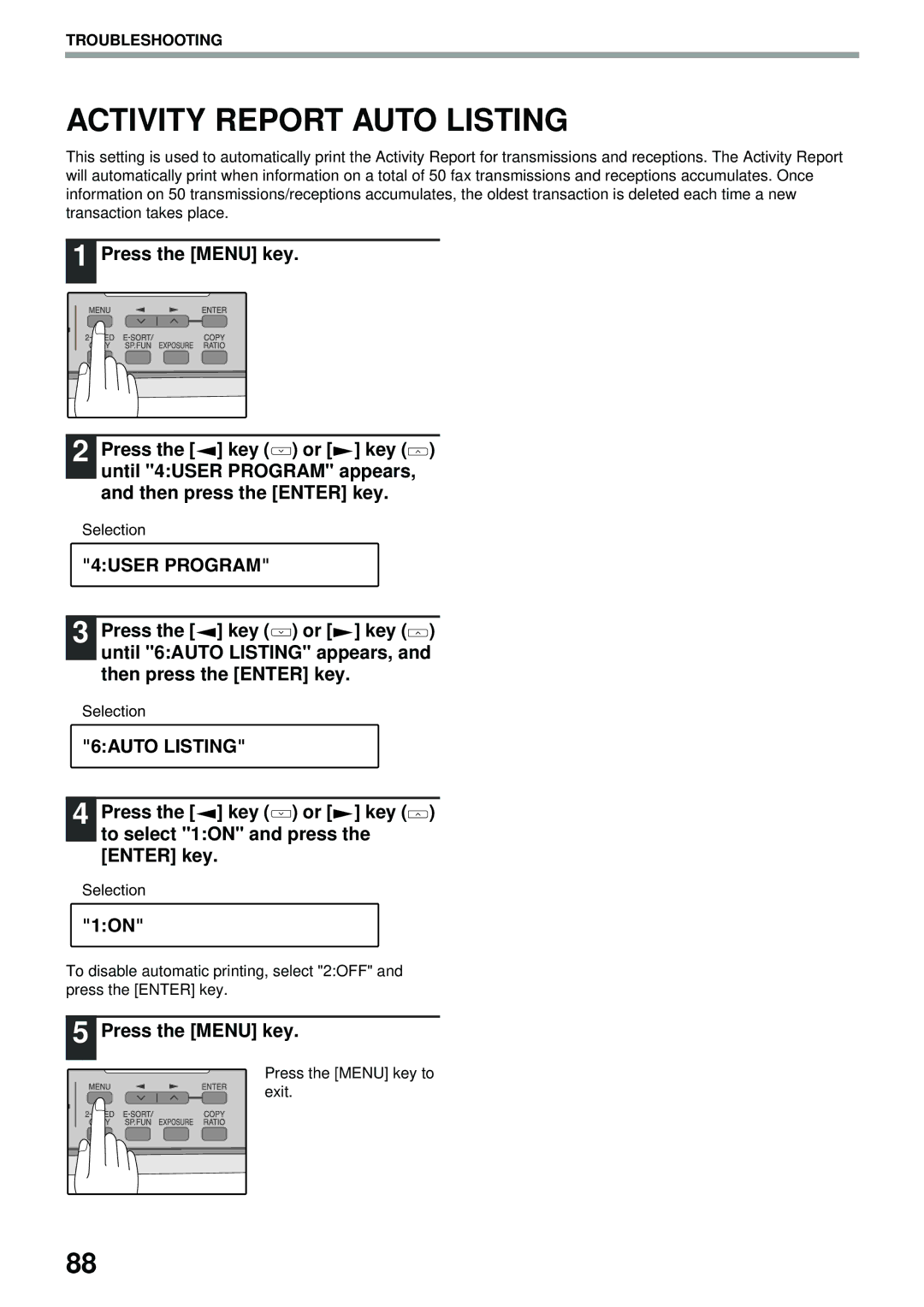 Toshiba GD-1300 Activity Report Auto Listing, 6AUTO Listing, Press the key or key to select 1ON and press the Enter key 