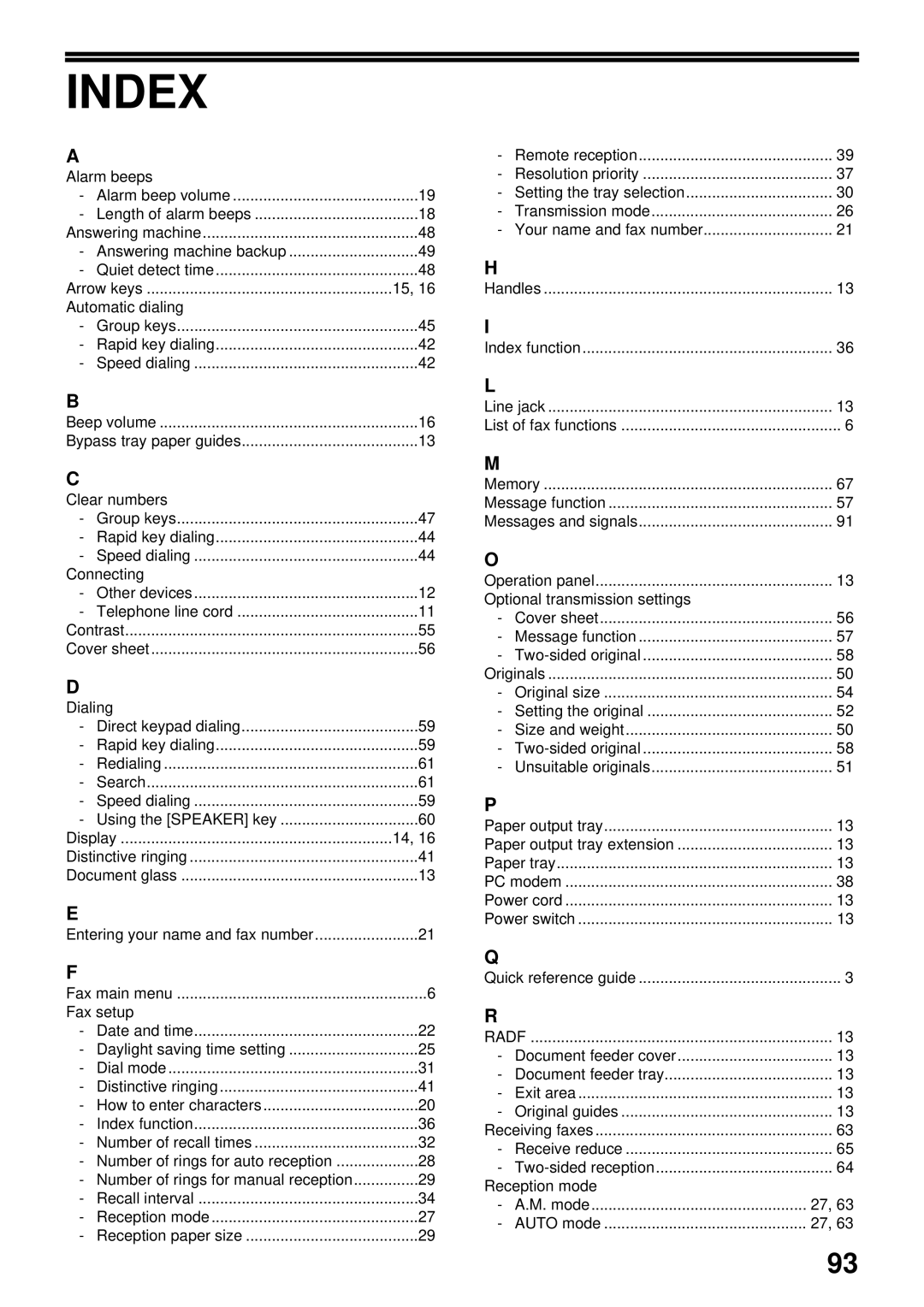 Toshiba GD-1300 manual Index, Alarm beeps 