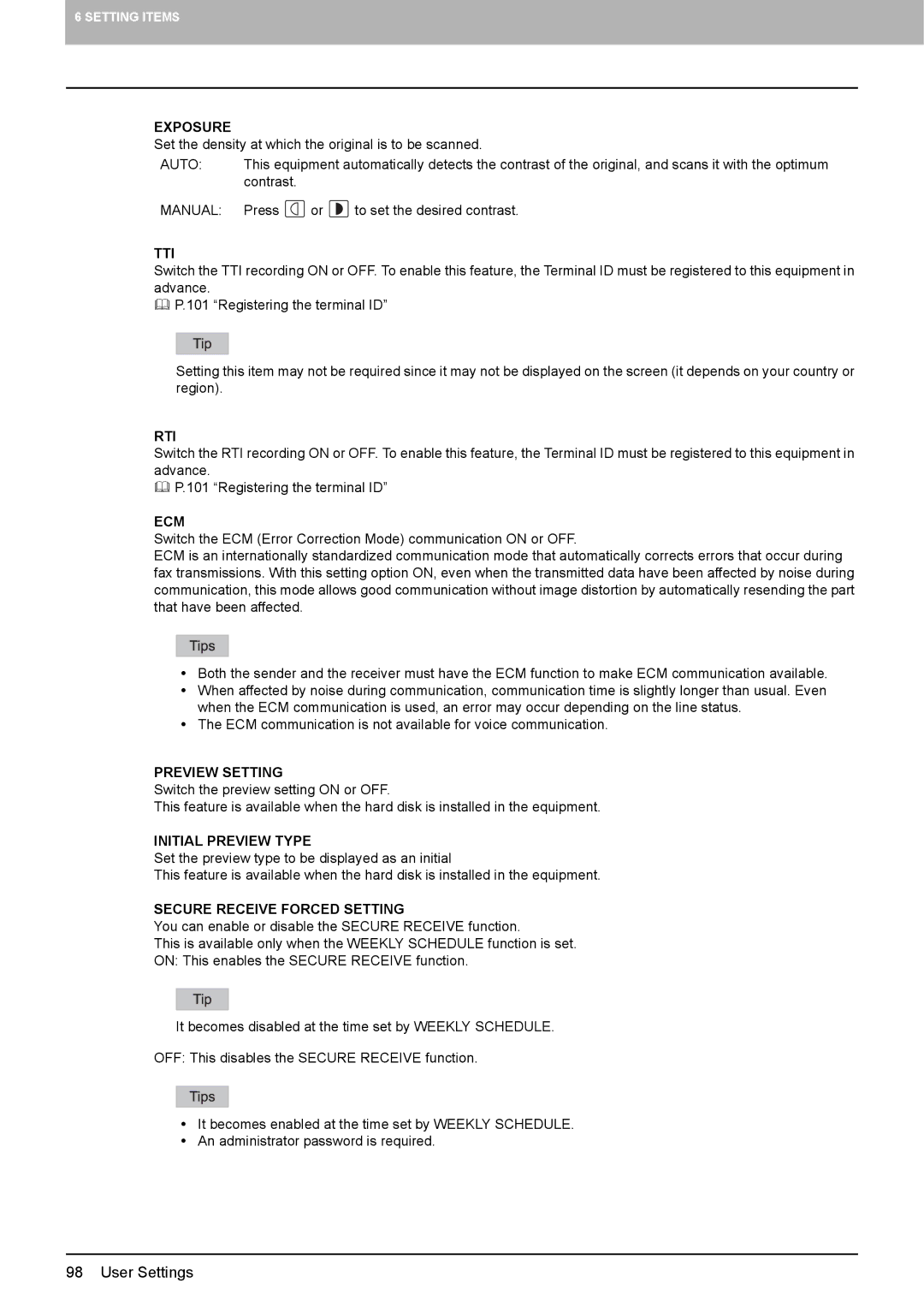 Toshiba GD-1320 manual Exposure, Tti, Rti, Ecm, Preview Setting, Initial Preview Type, Secure Receive Forced Setting 