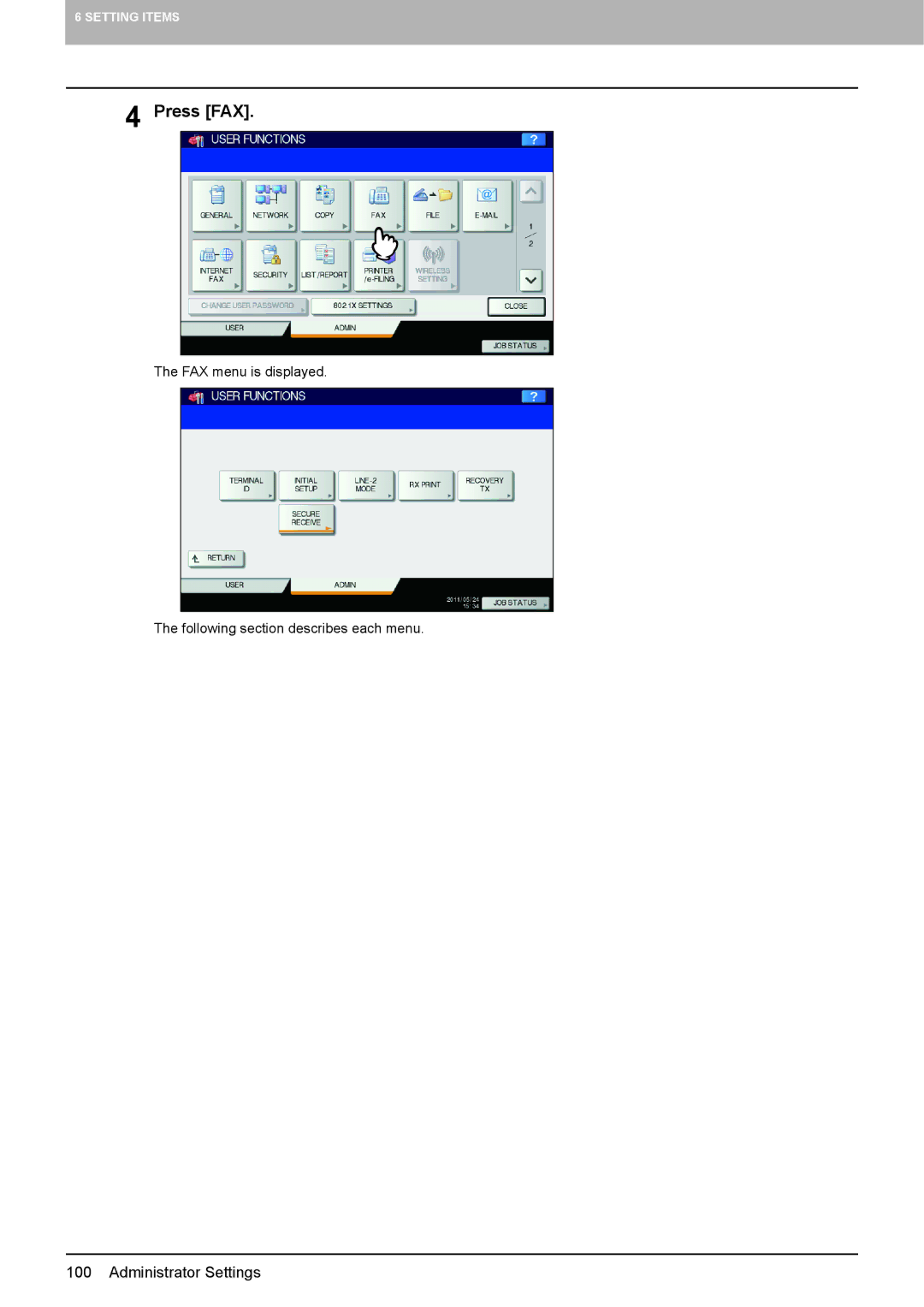 Toshiba GD-1320 manual FAX menu is displayed Following section describes each menu 