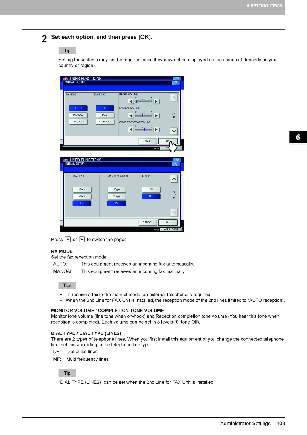 Toshiba GD-1320 manual Set each option, and then press OK, RX Mode, Monitor Volume / Completion Tone Volume 