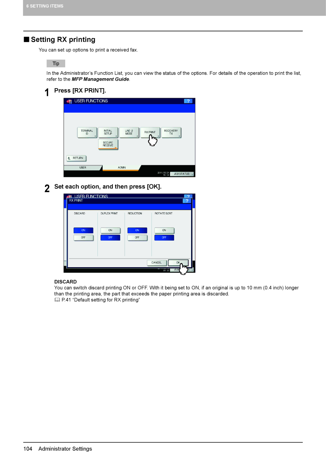 Toshiba GD-1320 manual  Setting RX printing, Press RX Print Set each option, and then press OK, Discard 