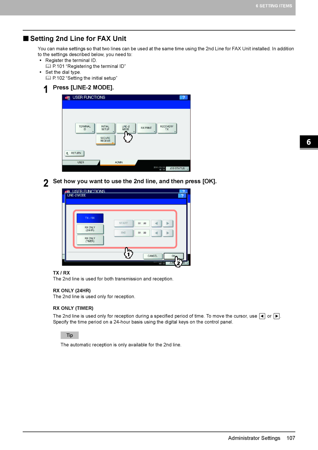 Toshiba GD-1320 manual  Setting 2nd Line for FAX Unit, Tx / Rx, RX only 24HR, RX only Timer 