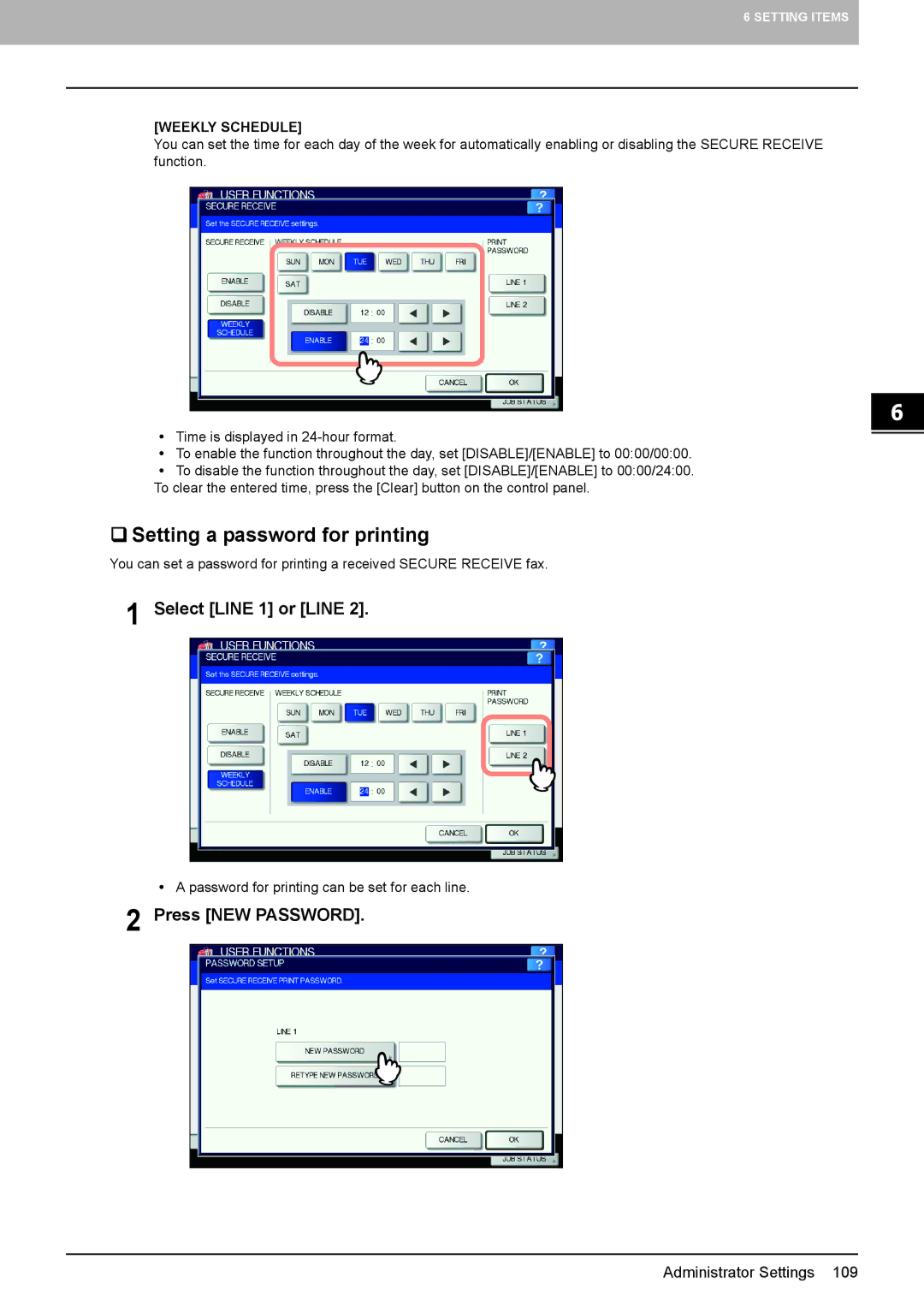 Toshiba GD-1320 manual  Setting a password for printing, Select Line 1 or Line, Press NEW Password, Weekly Schedule 