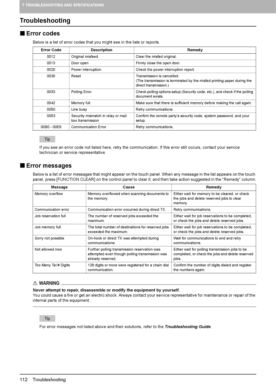 Toshiba GD-1320 manual Troubleshooting,  Error codes,  Error messages 