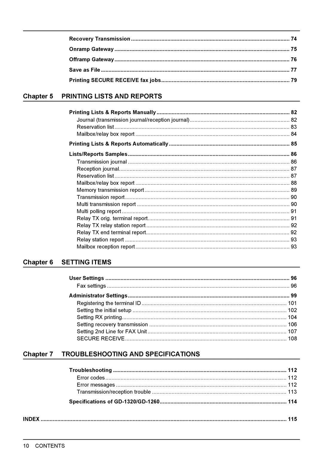 Toshiba GD-1320 manual Printing Lists & Reports Manually, User Settings, Administrator Settings, Troubleshooting 112, 115 