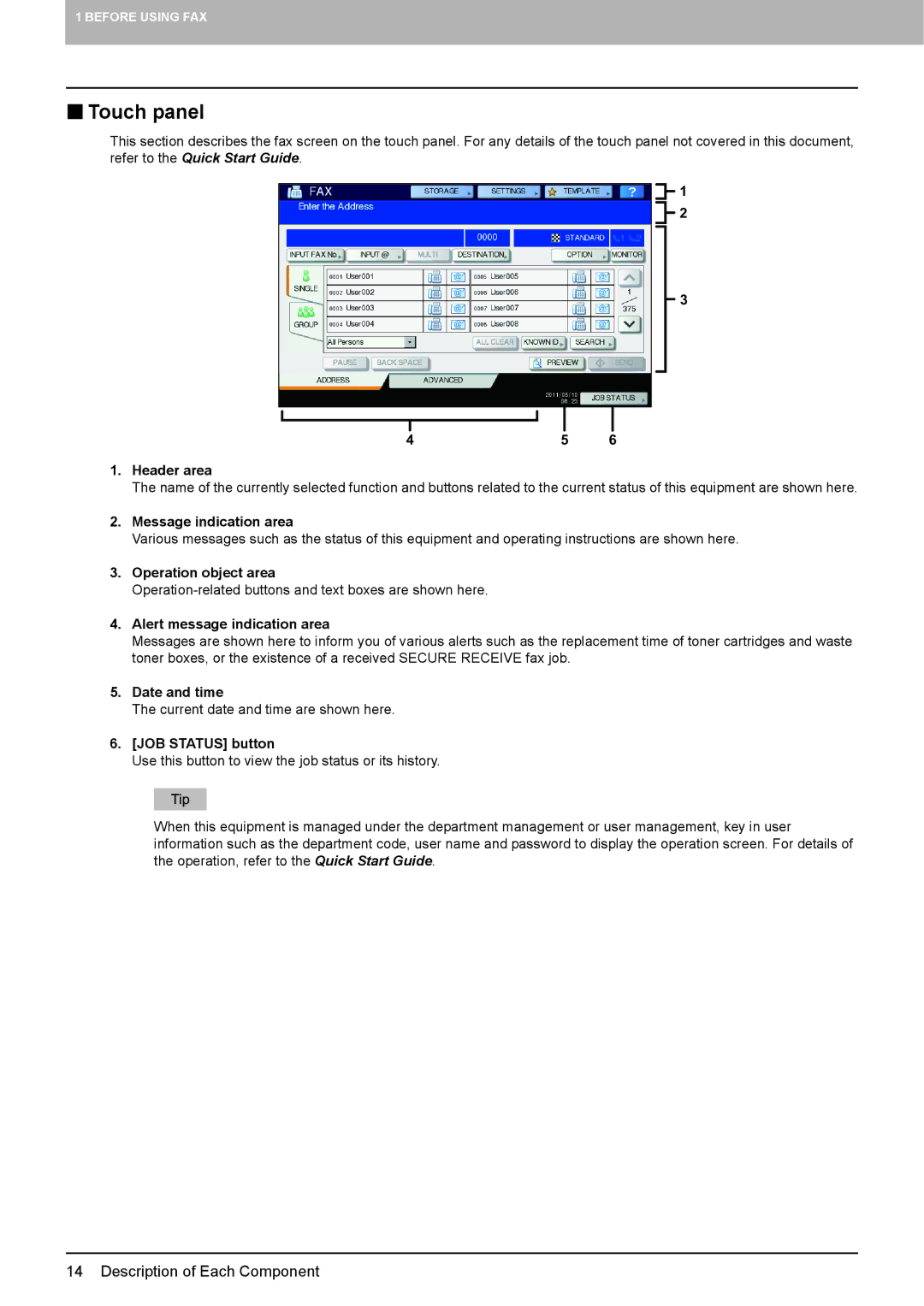 Toshiba GD-1320 manual  Touch panel, Header area 