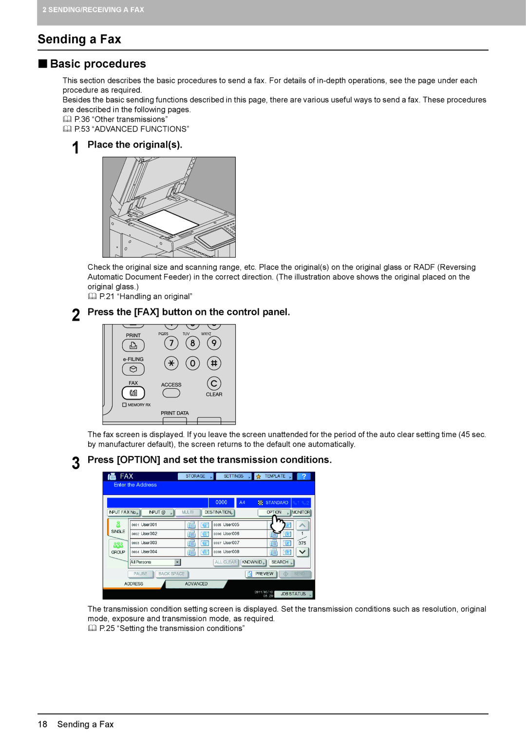 Toshiba GD-1320 manual Sending a Fax,  Basic procedures, Place the originals, Press the FAX button on the control panel 