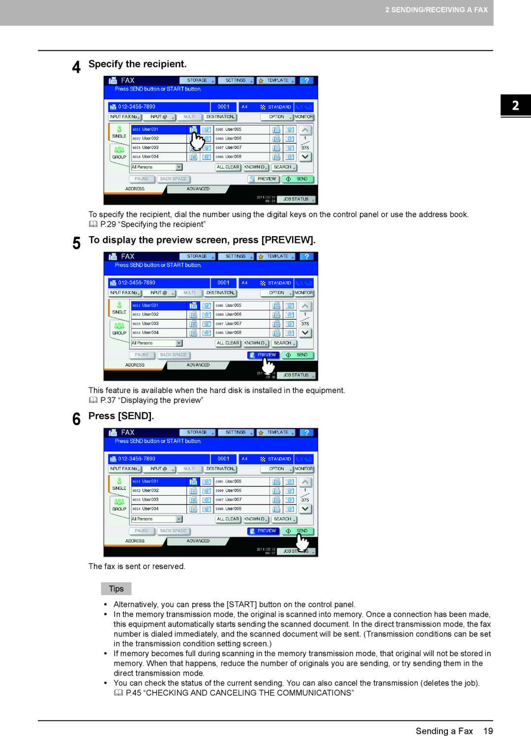 Toshiba GD-1320 manual Specify the recipient, To display the preview screen, press Preview, Press Send 