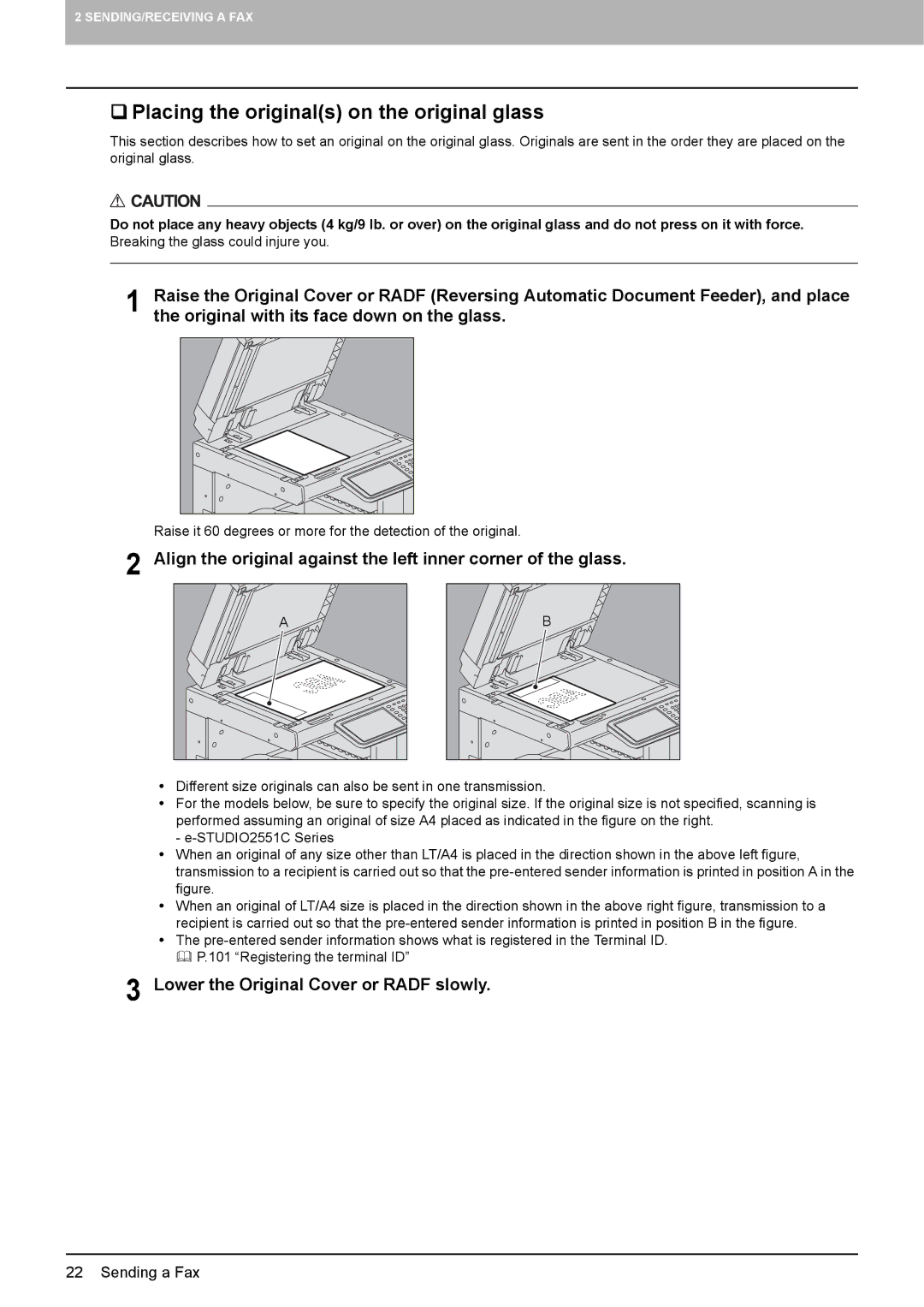 Toshiba GD-1320 manual  Placing the originals on the original glass, Lower the Original Cover or Radf slowly 