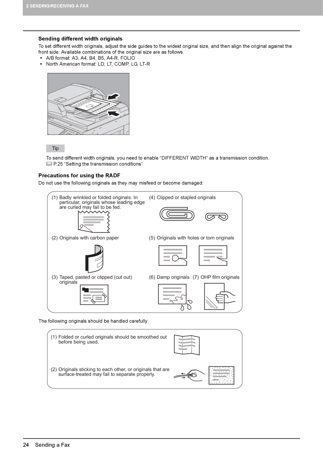 Toshiba GD-1320 manual Sending different width originals, Precautions for using the Radf 