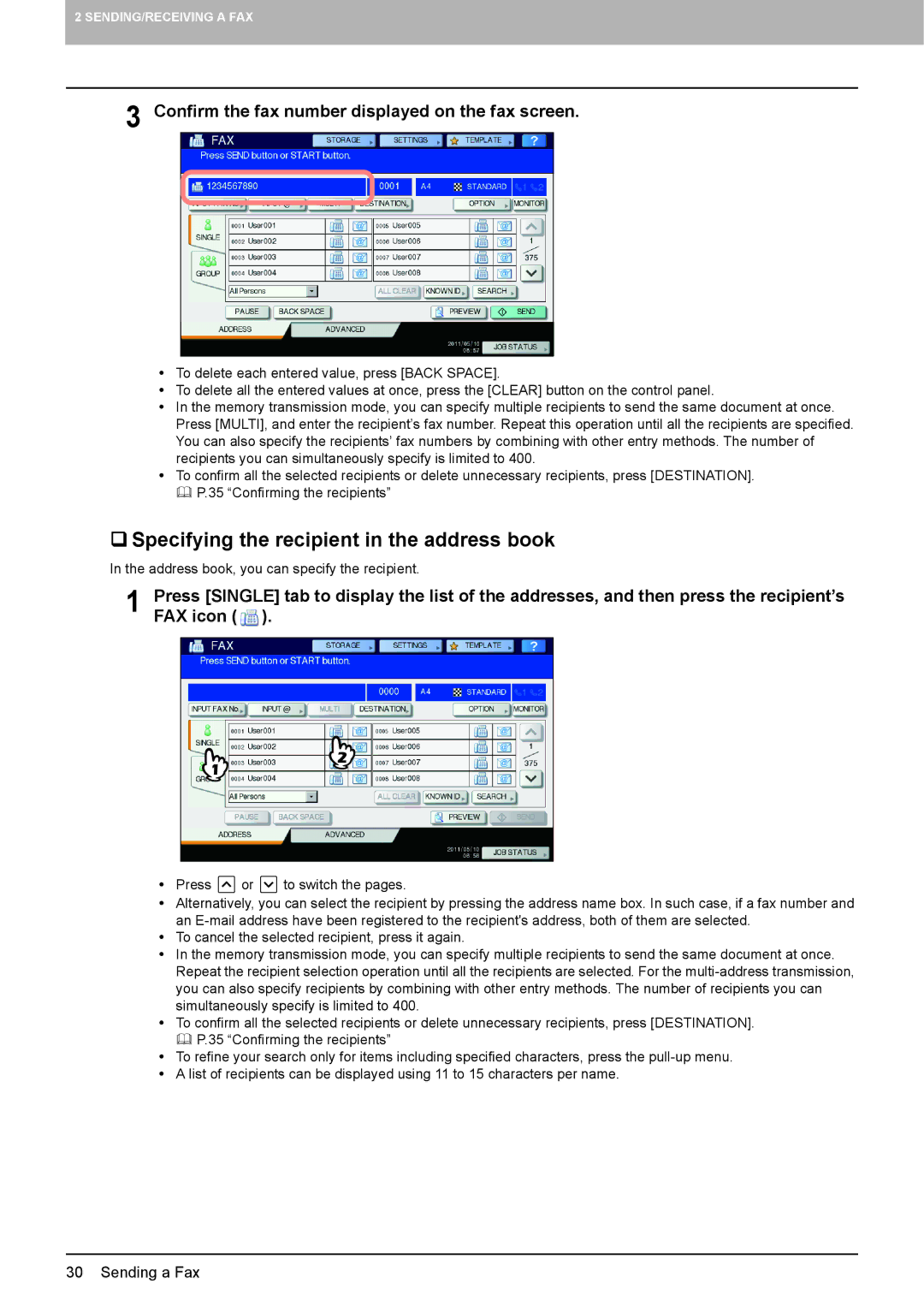 Toshiba GD-1320 manual  Specifying the recipient in the address book, Confirm the fax number displayed on the fax screen 