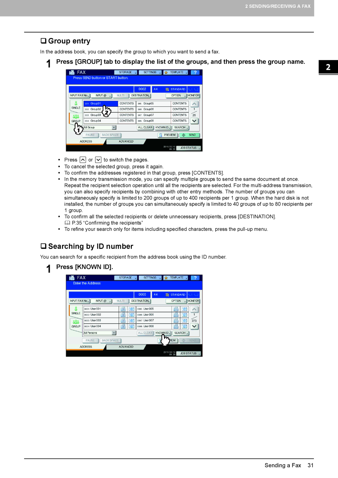 Toshiba GD-1320 manual  Group entry,  Searching by ID number, Press Known ID 