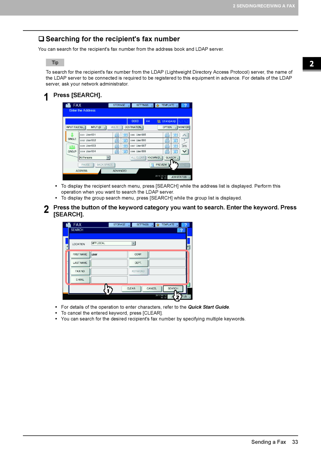 Toshiba GD-1320 manual  Searching for the recipients fax number, Press Search 