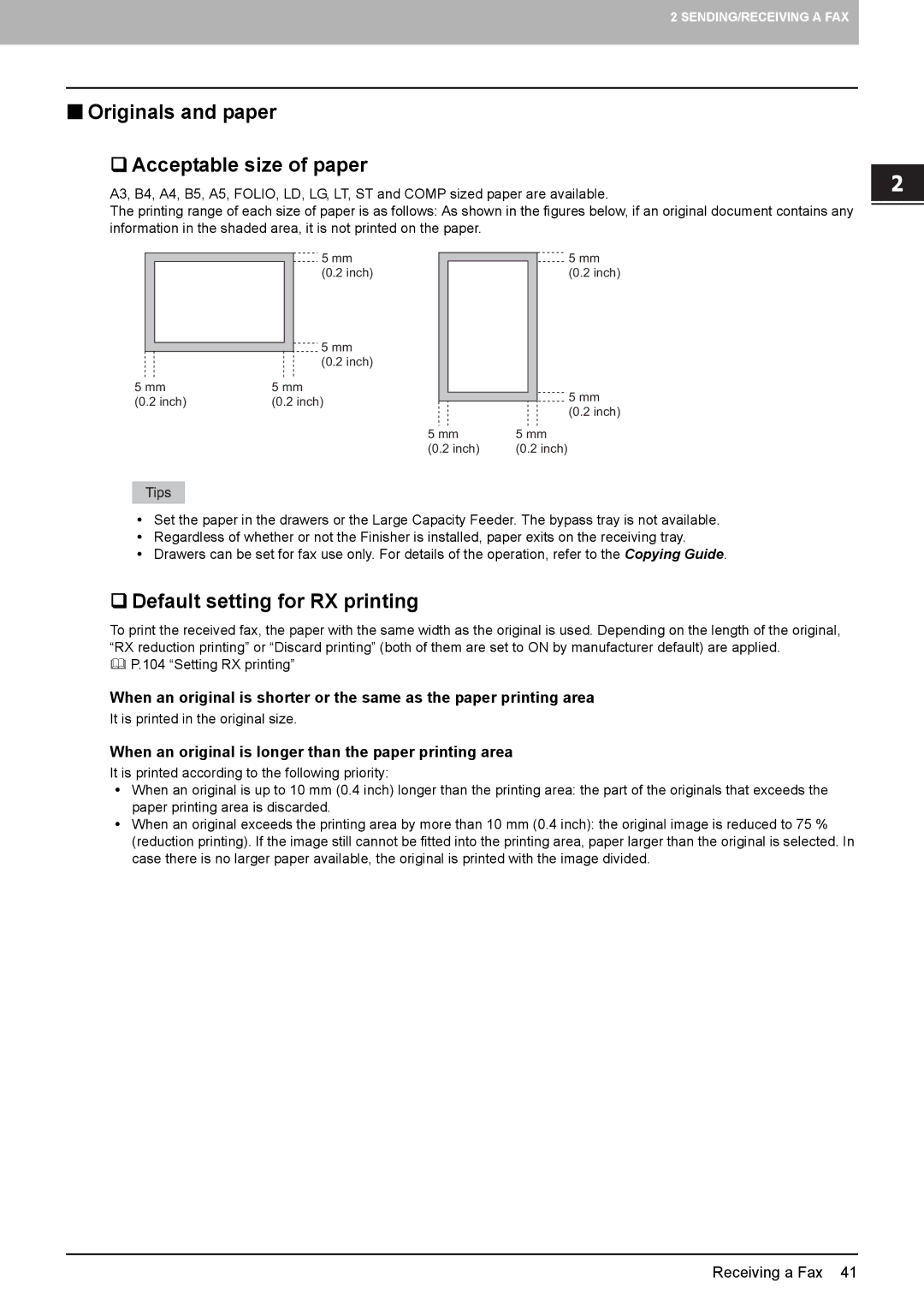 Toshiba GD-1320 manual  Originals and paper  Acceptable size of paper,  Default setting for RX printing 