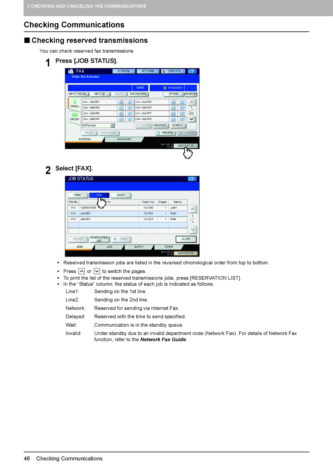 Toshiba GD-1320 manual Checking Communications,  Checking reserved transmissions, Press JOB Status Select FAX 