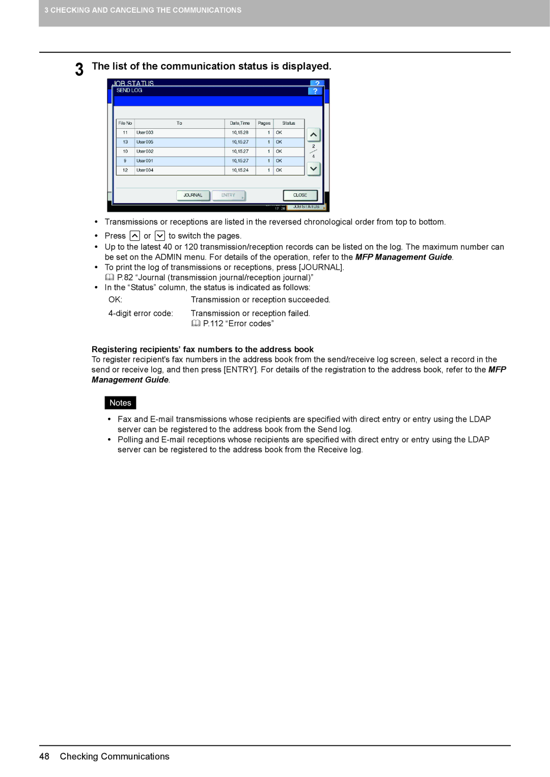 Toshiba GD-1320 List of the communication status is displayed, Registering recipients’ fax numbers to the address book 