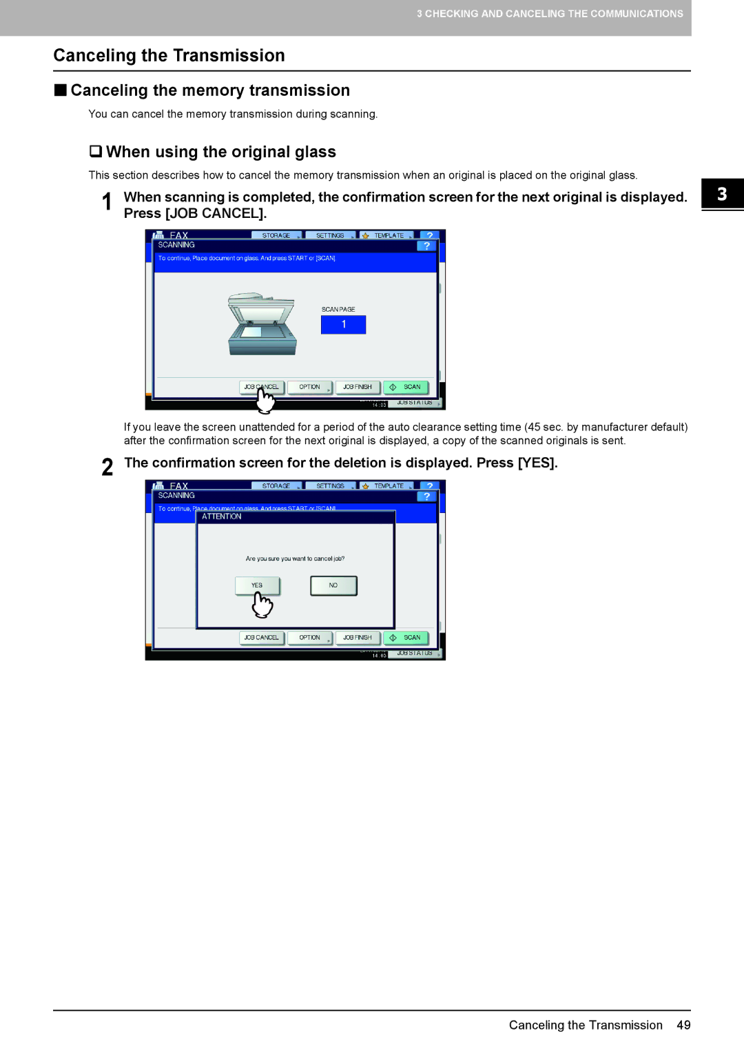 Toshiba GD-1320 manual Canceling the Transmission,  Canceling the memory transmission,  When using the original glass 