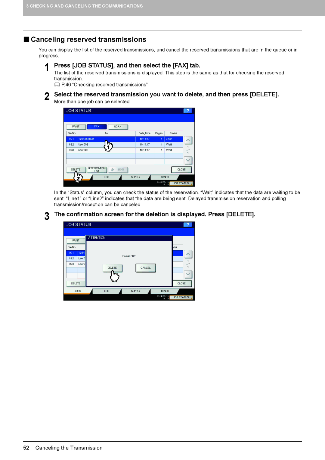 Toshiba GD-1320 manual  Canceling reserved transmissions, Press JOB STATUS, and then select the FAX tab 