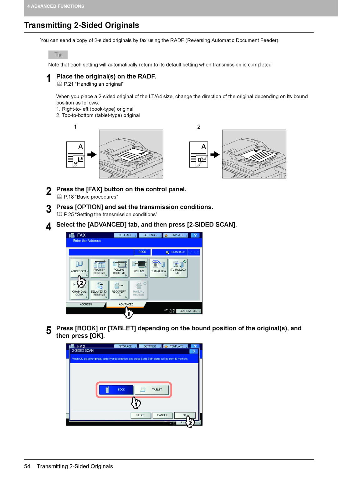 Toshiba GD-1320 manual Transmitting 2-Sided Originals, Press the FAX button on the control panel 