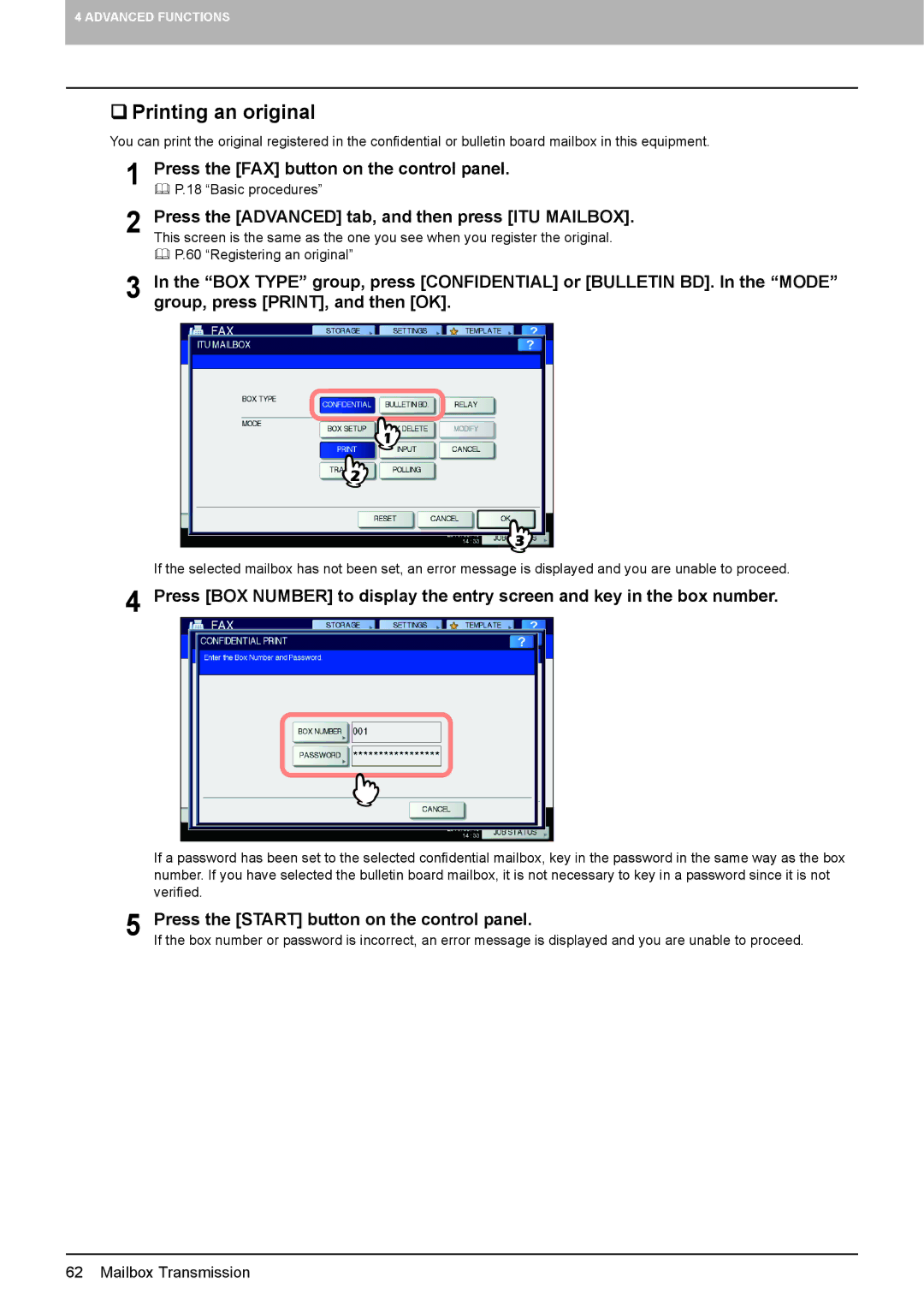 Toshiba GD-1320 manual  Printing an original, Press the Advanced tab, and then press ITU Mailbox 