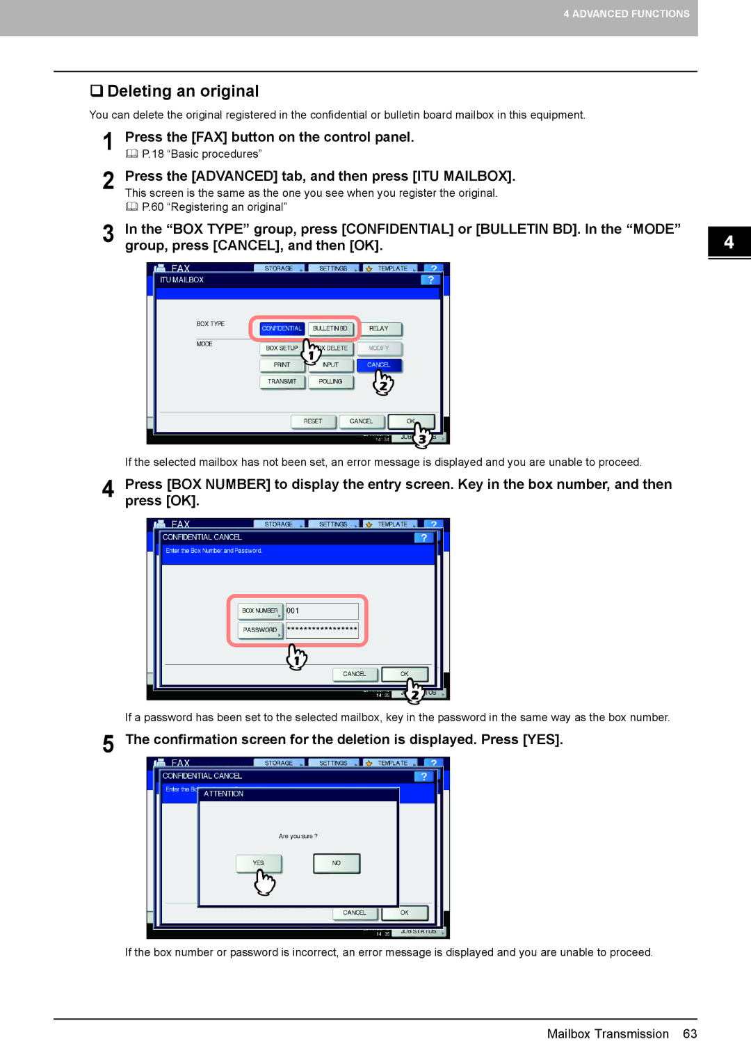 Toshiba GD-1320 manual  Deleting an original, Confirmation screen for the deletion is displayed. Press YES 