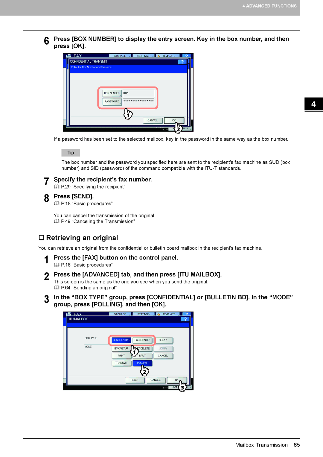 Toshiba GD-1320 manual  Retrieving an original, Specify the recipient’s fax number 