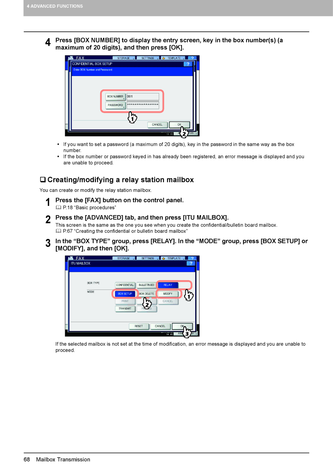 Toshiba GD-1320 manual  Creating/modifying a relay station mailbox, MODIFY, and then OK 