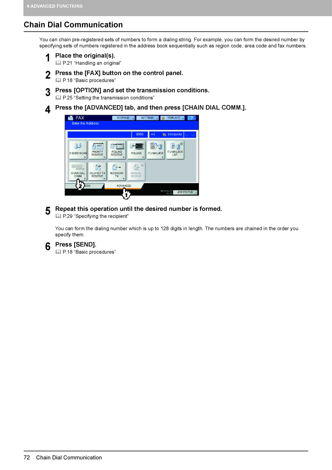 Toshiba GD-1320 manual Chain Dial Communication, Press the Advanced tab, and then press Chain Dial Comm 