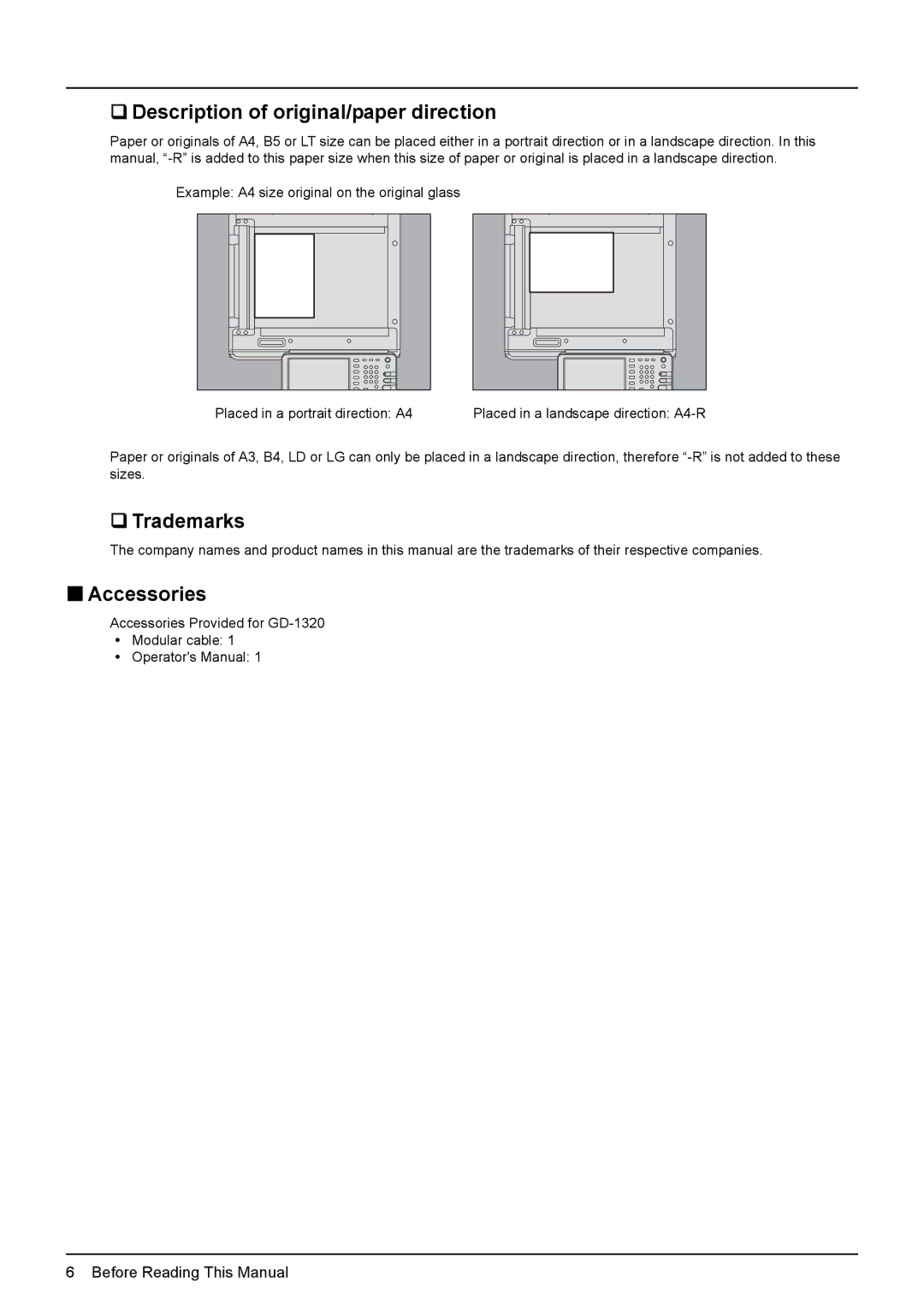 Toshiba GD-1320 manual  Description of original/paper direction,  Trademarks,  Accessories 