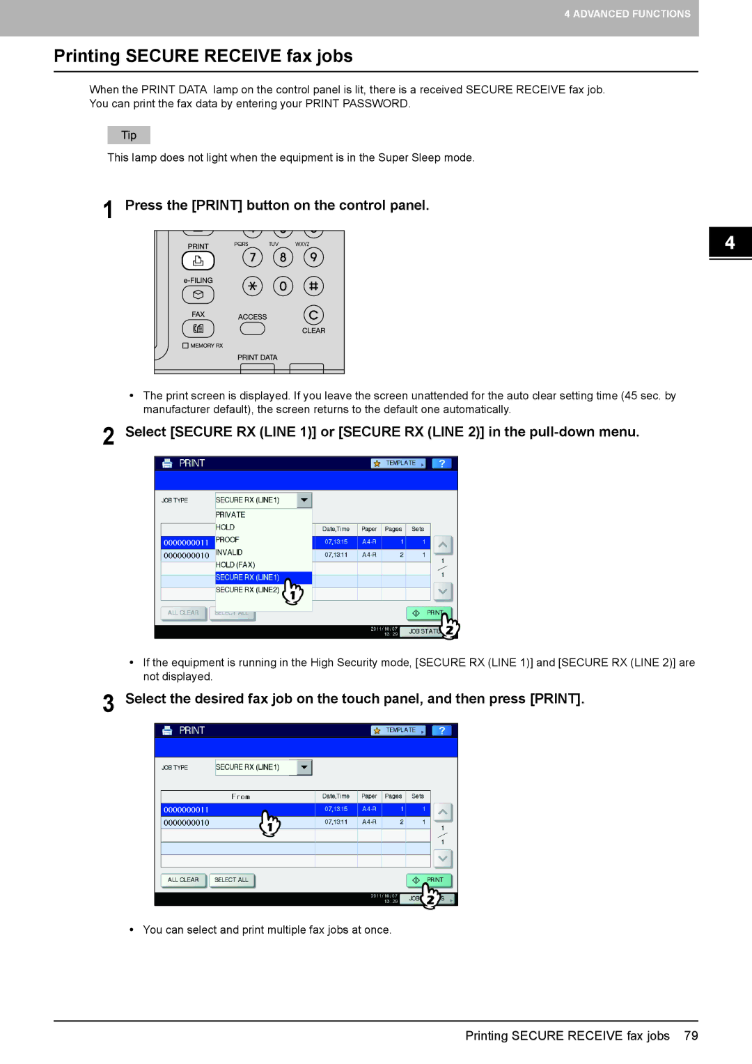 Toshiba GD-1320 manual Printing Secure Receive fax jobs, Press the Print button on the control panel 