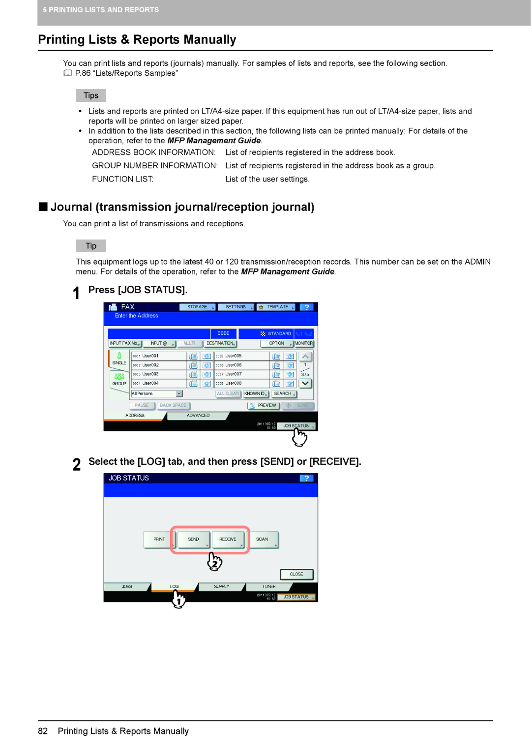 Toshiba GD-1320 manual Printing Lists & Reports Manually,  Journal transmission journal/reception journal 