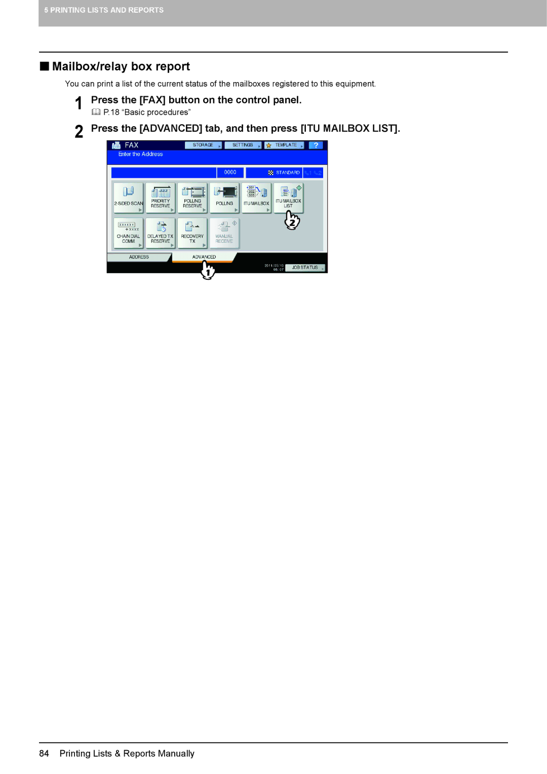 Toshiba GD-1320 manual  Mailbox/relay box report, Press the Advanced tab, and then press ITU Mailbox List 