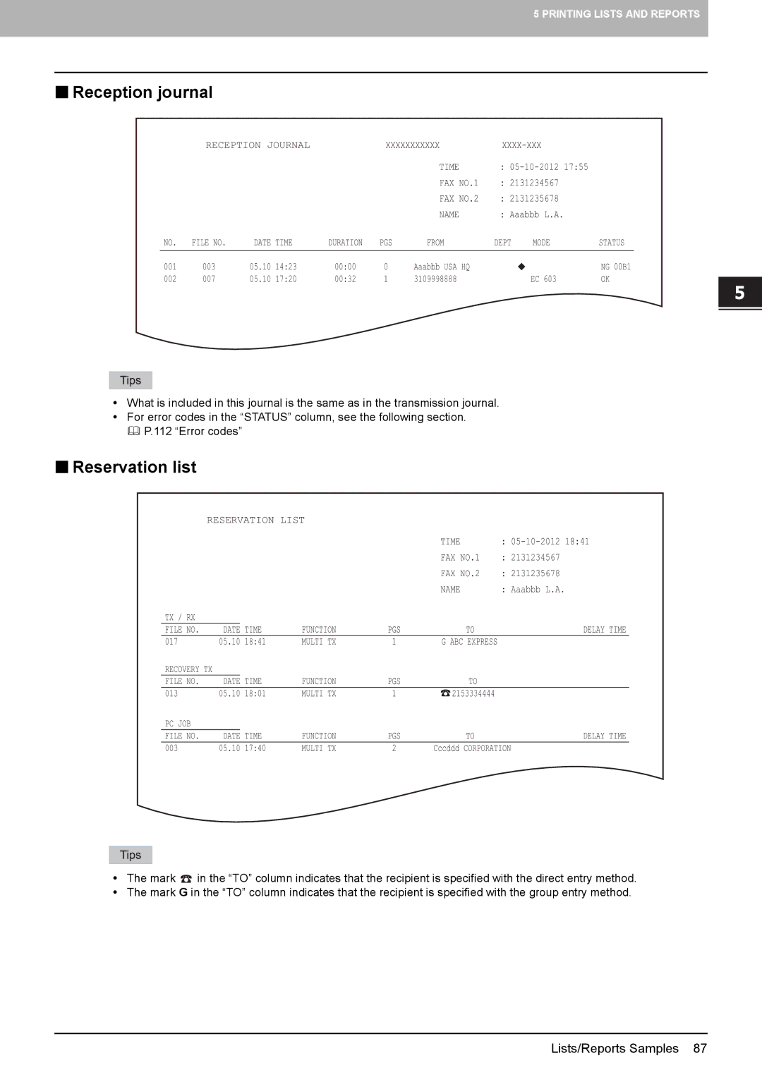 Toshiba GD-1320 manual  Reception journal,  Reservation list 