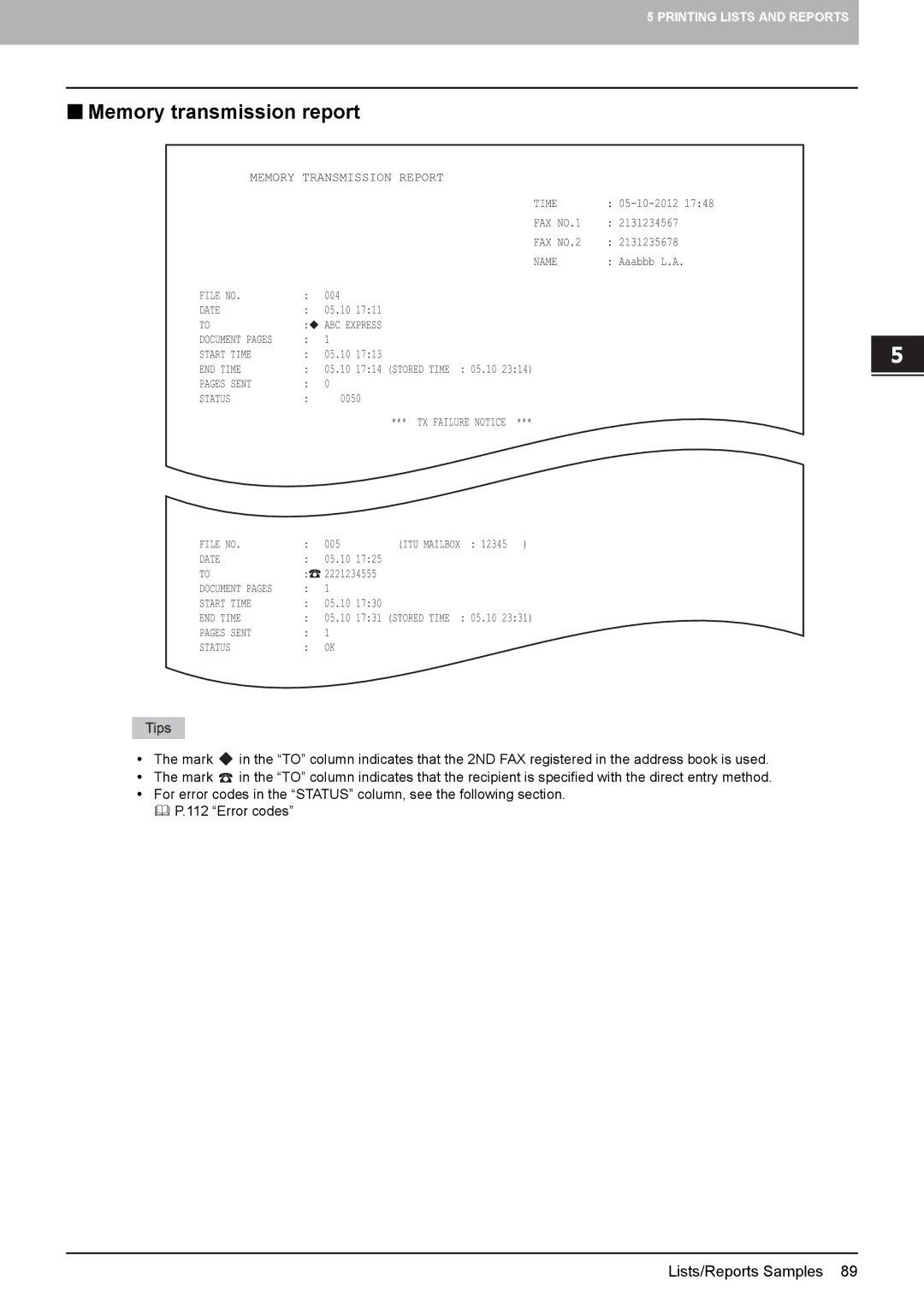 Toshiba GD-1320 manual  Memory transmission report 