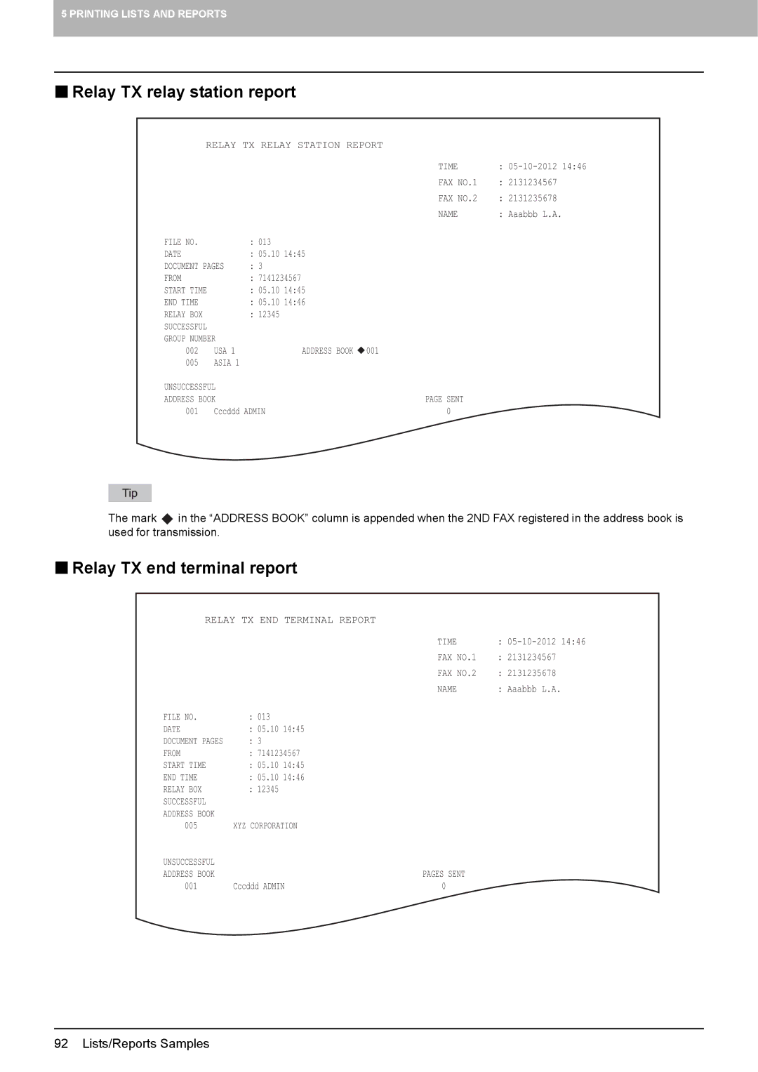 Toshiba GD-1320 manual  Relay TX relay station report,  Relay TX end terminal report 