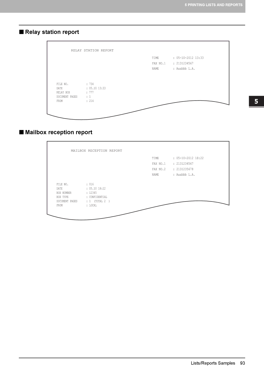 Toshiba GD-1320 manual  Relay station report,  Mailbox reception report 