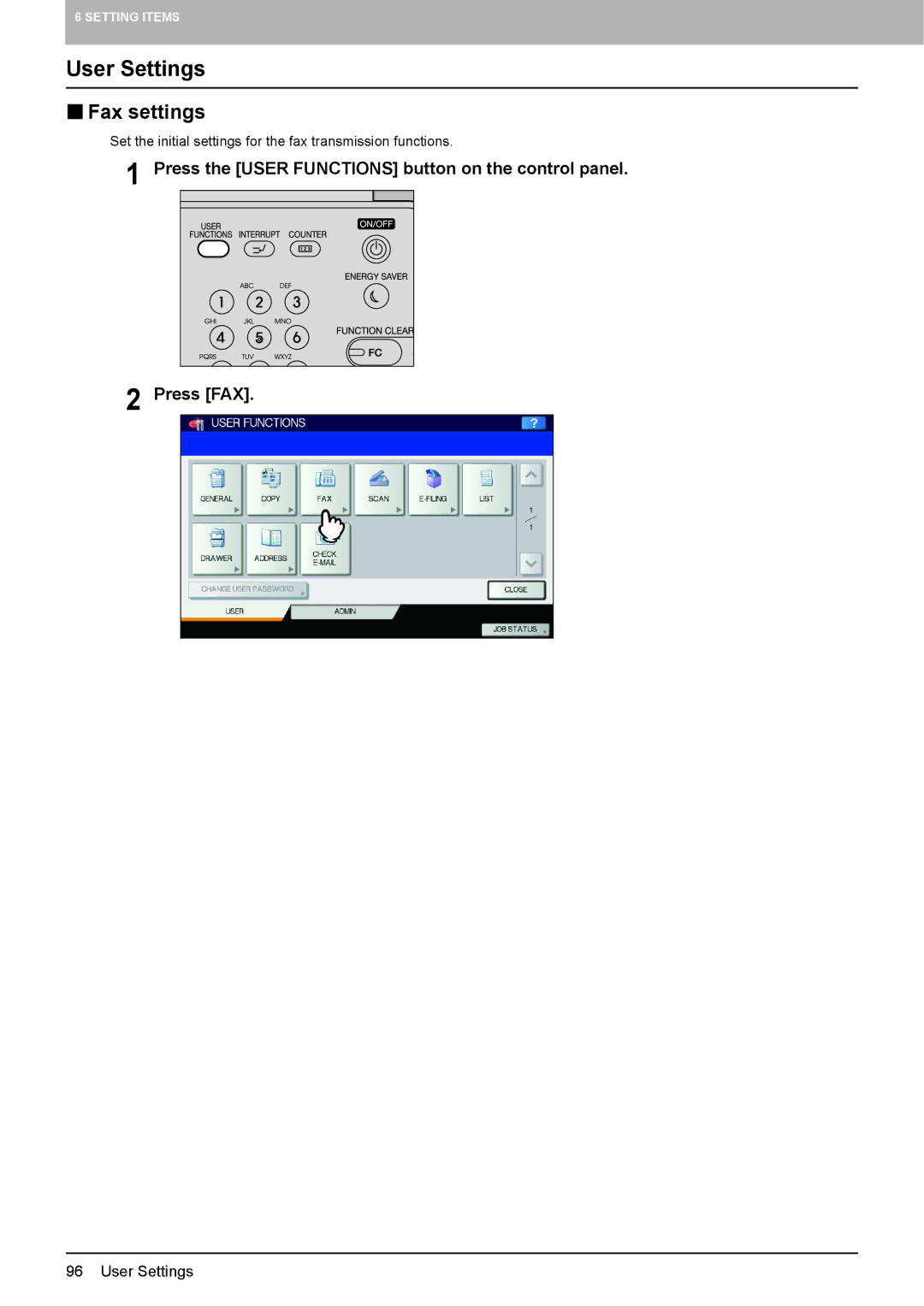 Toshiba GD-1320 manual User Settings,  Fax settings 