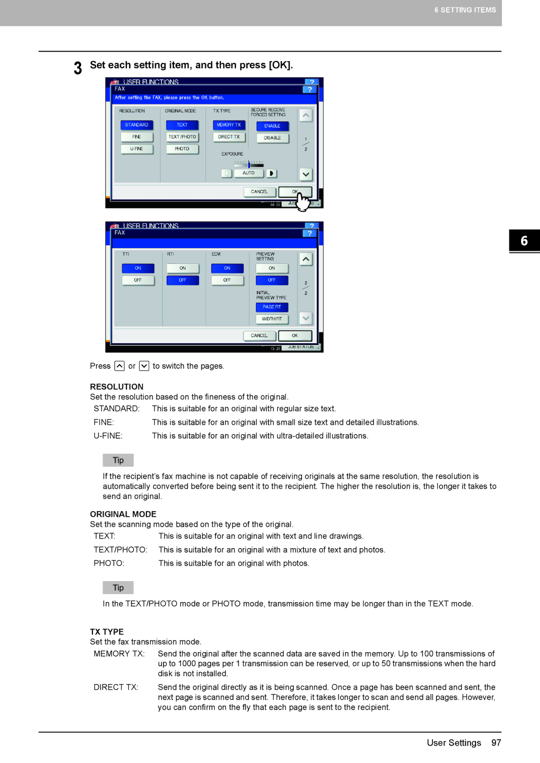 Toshiba GD-1320 manual Set each setting item, and then press OK, Resolution, Original Mode, TX Type 