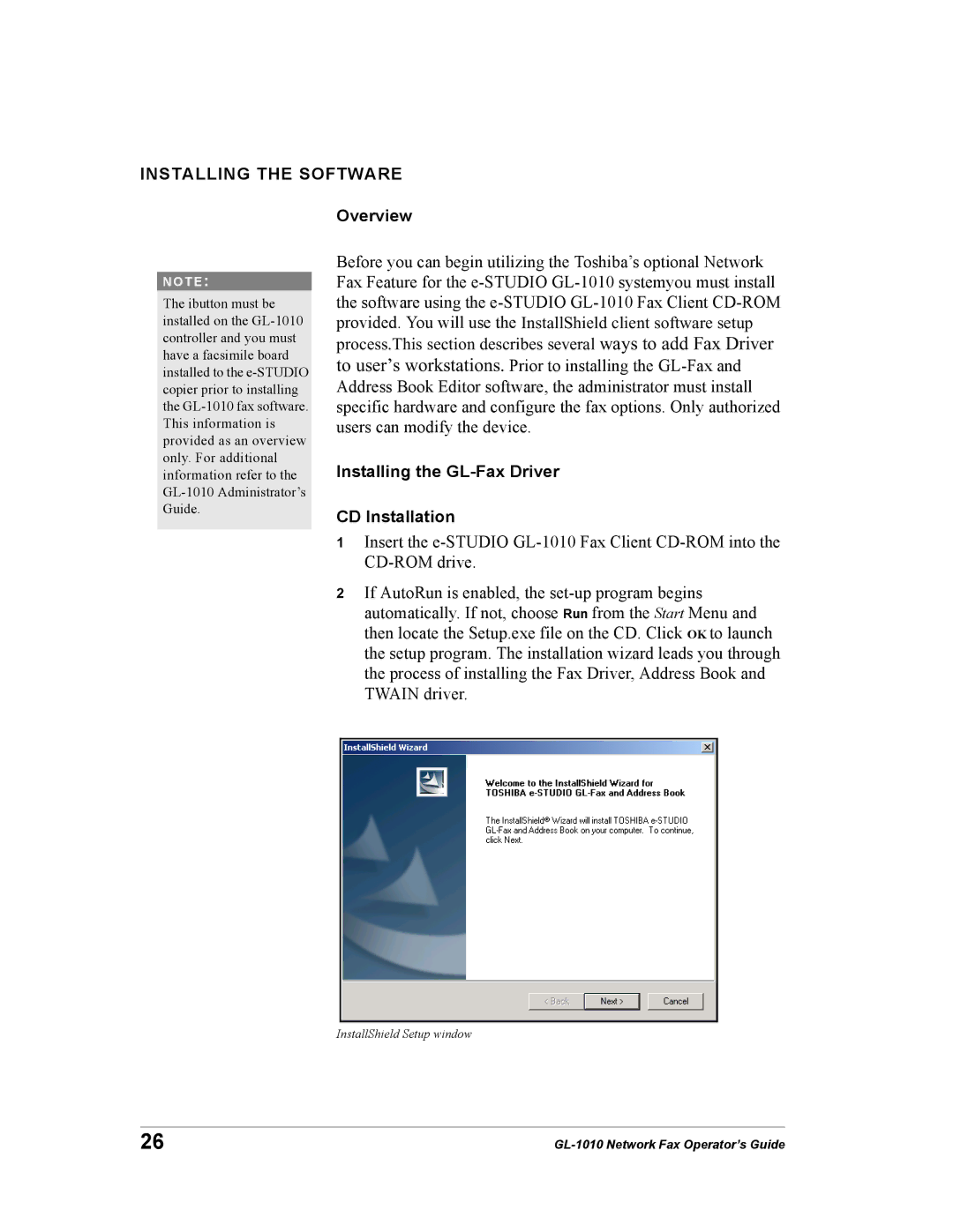 Toshiba GL-1010 manual Installing the Software, Overview, Installing the GL-Fax Driver CD Installation 