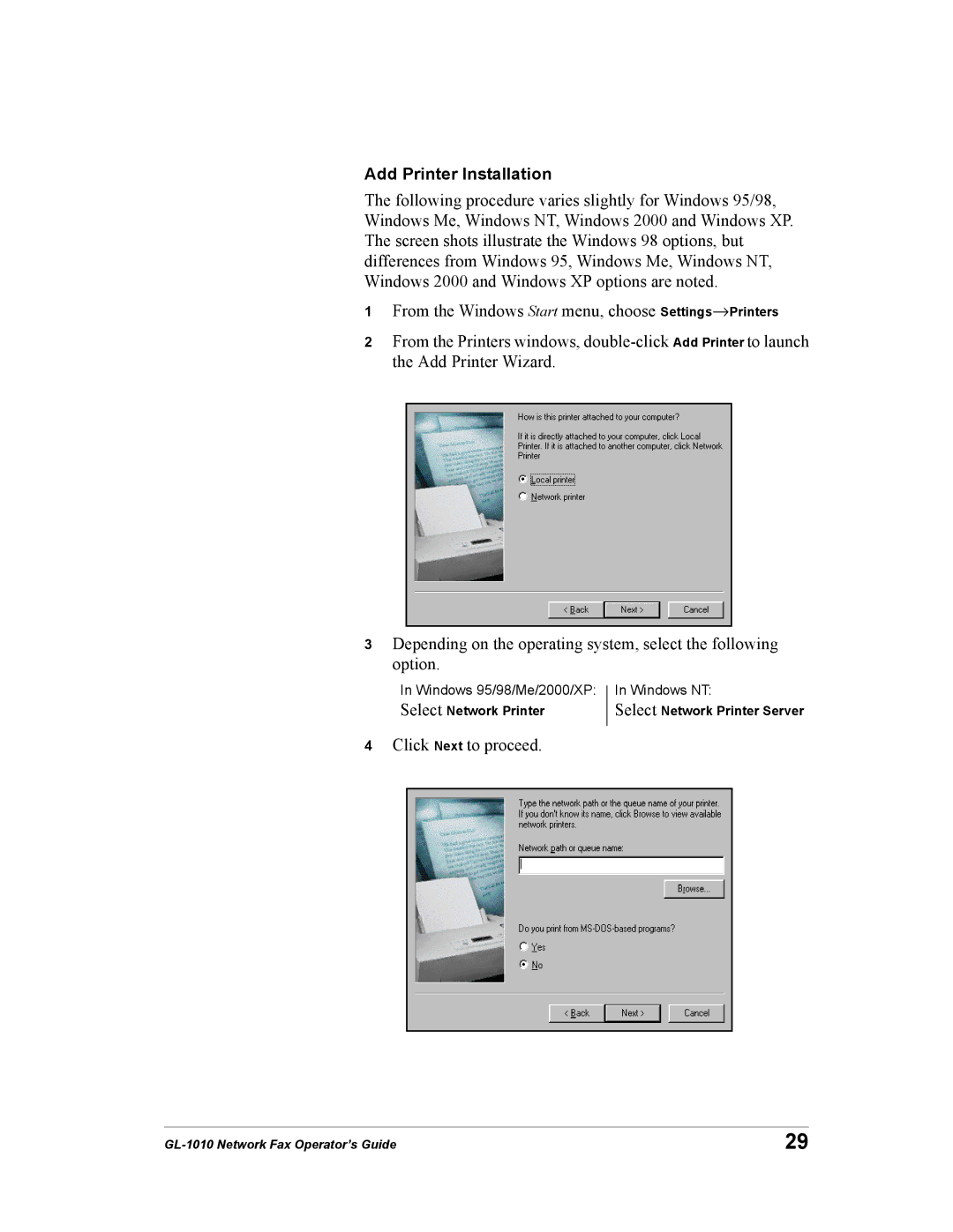 Toshiba GL-1010 manual Add Printer Installation 