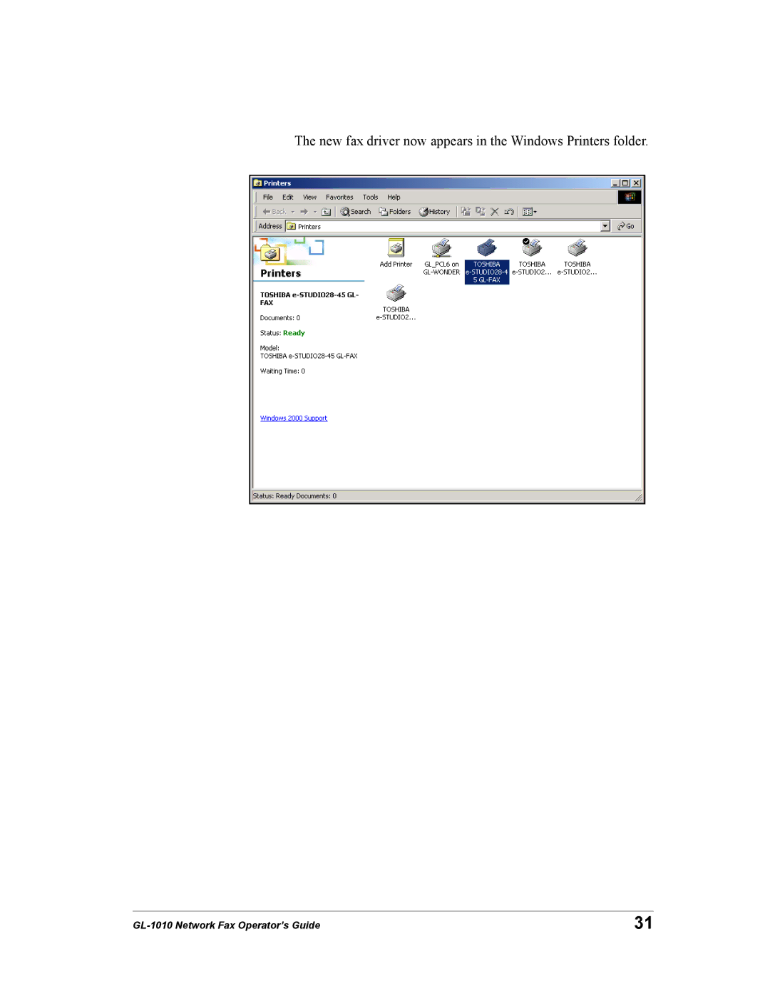 Toshiba GL-1010 manual New fax driver now appears in the Windows Printers folder 