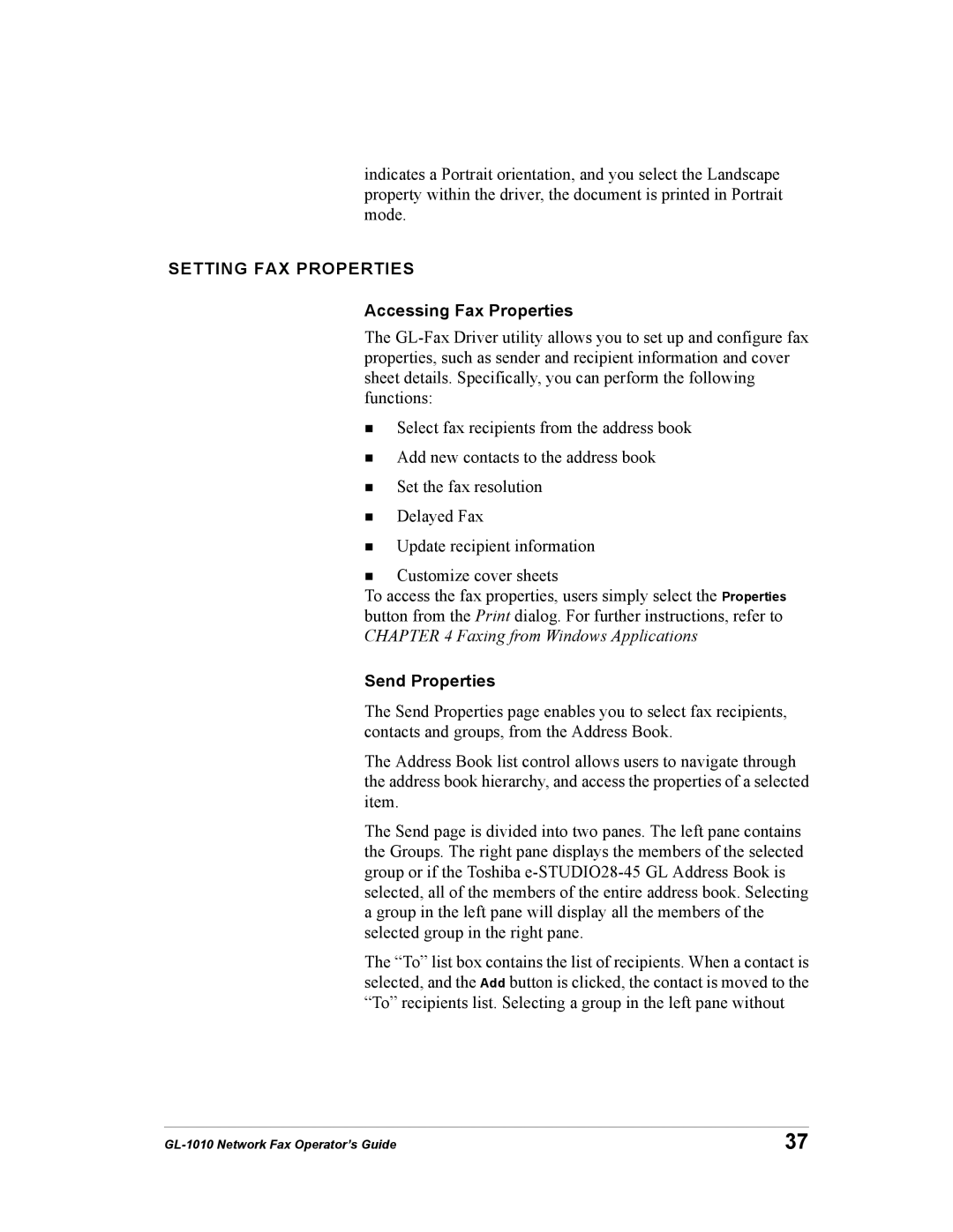 Toshiba GL-1010 manual Setting FAX Properties, Accessing Fax Properties, Send Properties 