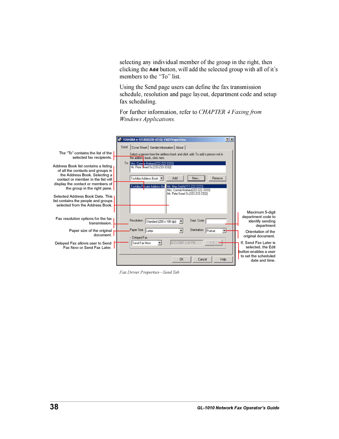 Toshiba GL-1010 manual Fax Driver Properties-Send Tab 