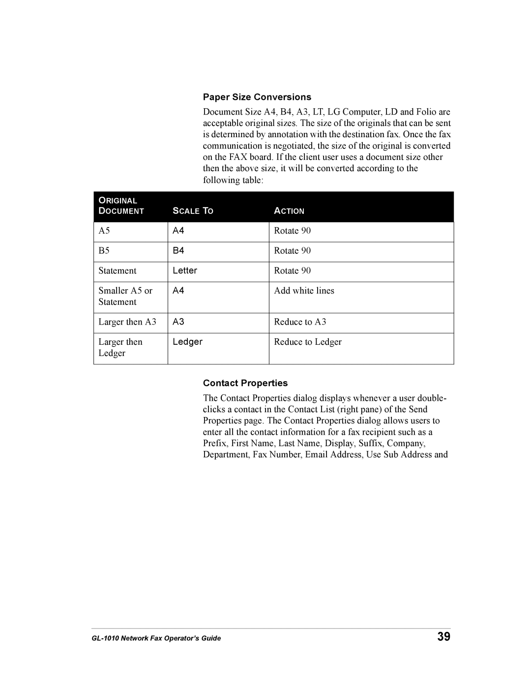 Toshiba GL-1010 manual Paper Size Conversions, Contact Properties 