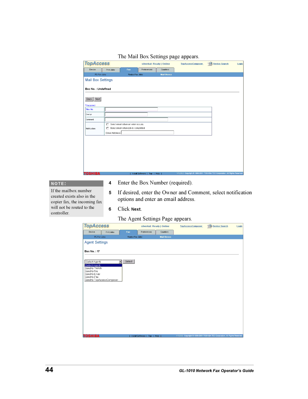 Toshiba GL-1010 manual Mail Box Settings page appears 