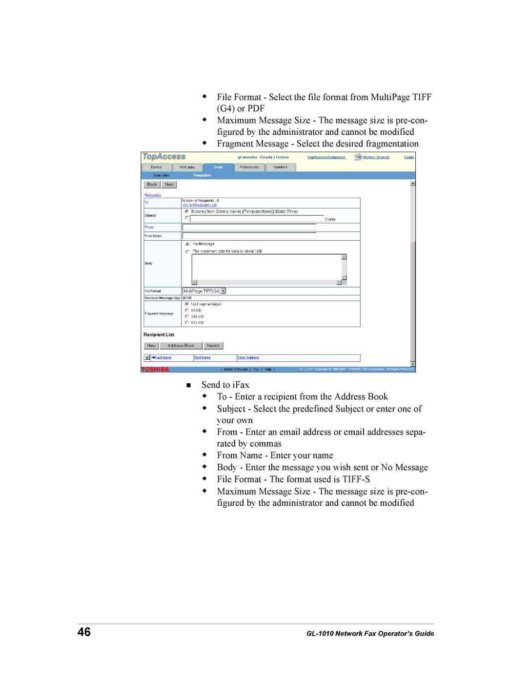 Toshiba manual GL-1010 Network Fax Operator’s Guide 